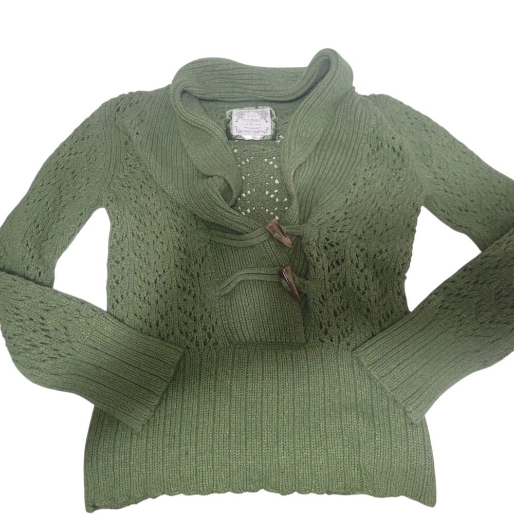 Old Navy Sweater Women MEDIUM GREEN RABBIT HAIR LAMBS WOOL Horn Buttons CROCHET